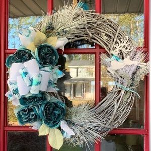 Pretty Handmade Turquoise Silver White Holiday Christmas Wreath & Bow
